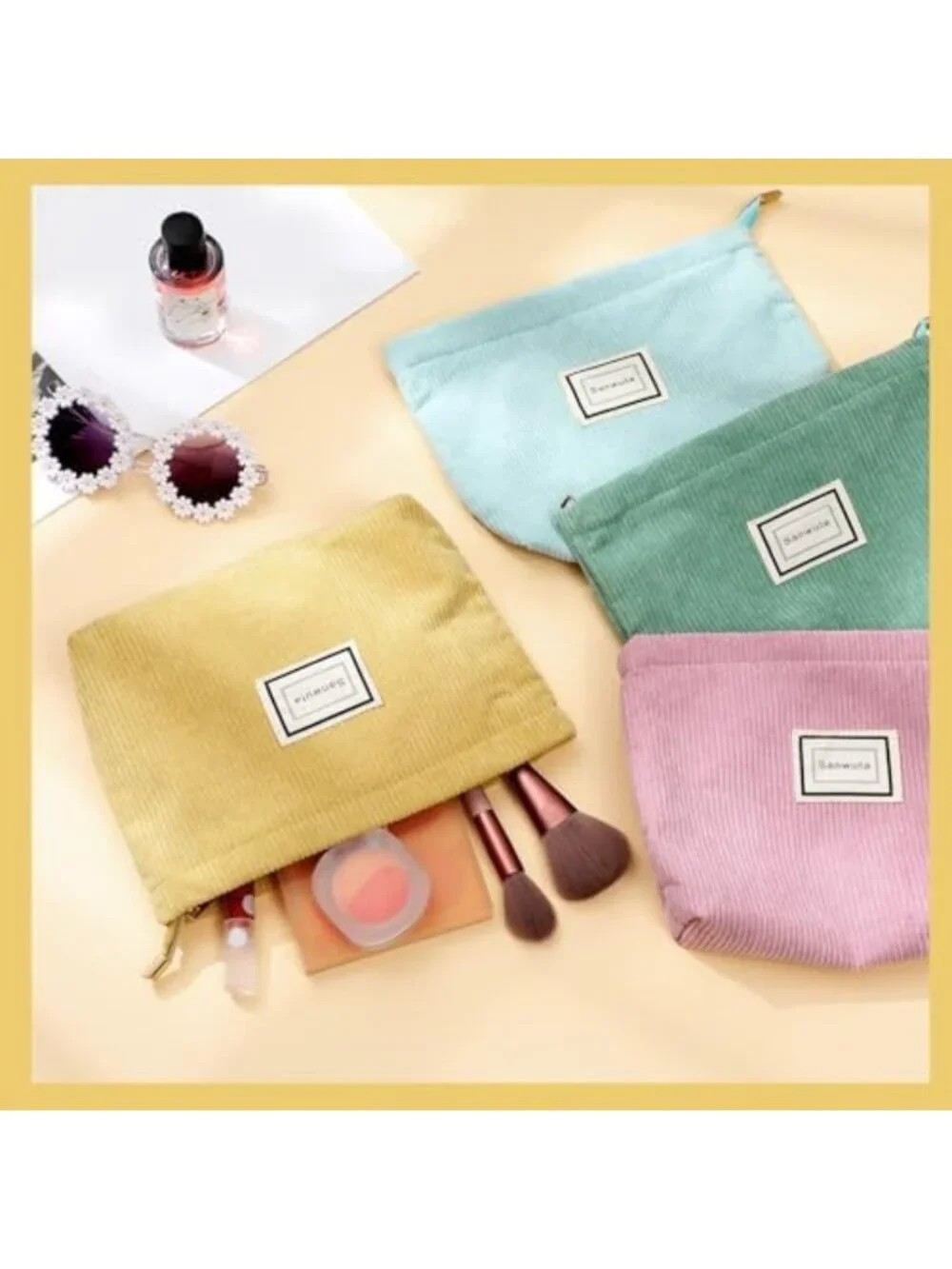 4 Pcs Velvet Corduroy Makeup Bags - Stylish Macaron Colors, Travel Friendly